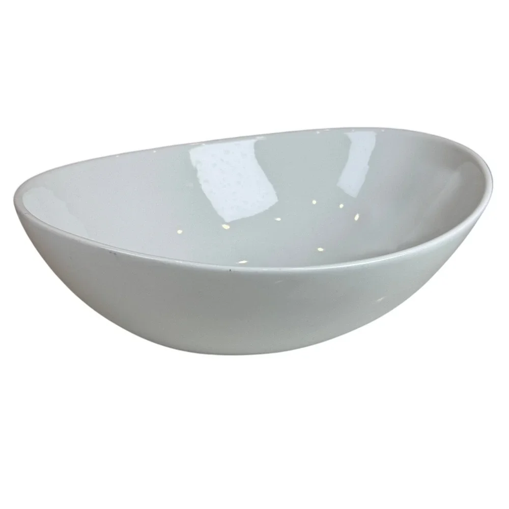 Simple Dining White Ceramic Oval Serving Bowl Asymmetrical Swoop Rim 11.5 Inch